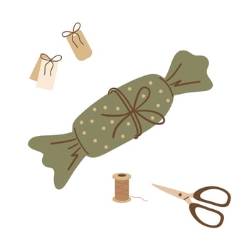 Candy, scissors, thread, package. Gift Wrapping. Preparing for the holiday. Gift box. Hand drawn illustration. vector