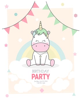 Unicorn birthday invitation. Unicorn, flags, rainbow and clouds. vector