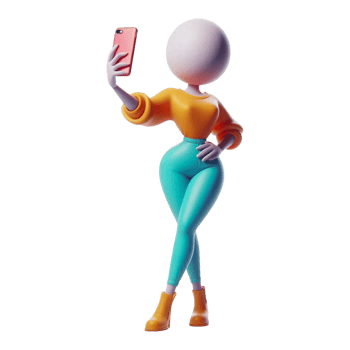 Full-length 3D figurine of faceless young girl in bright clothes posing for selfie png