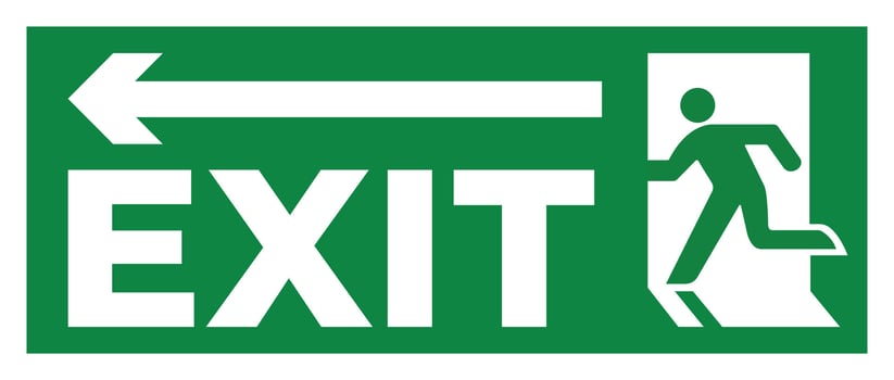 An exit sign with a man running in front of an arrow vector