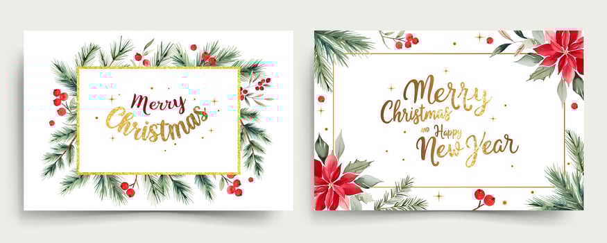Horizontal watercolor frames with branches of christmas tree and golden lettering. Merry Christmas cards vector