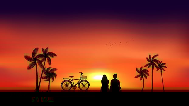 A silhouette of a couple sitting on a beach, watching the sunset. A bicycle is parked next to them. Palm trees line the beach, and the sky is a gradient of orange vector