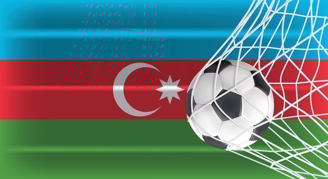 Soccer Football ball in Goal Net Isolated on Azerbaijan Shaded Flag, Sports Accessory Equipment for Playing Game, Championship and Competition vector