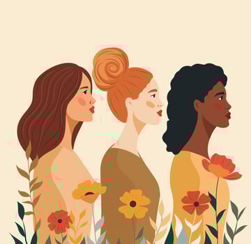 Different women in flowers stand together. Women's Day. Holiday banner, 8 March card. Feminism concept, women empowerment, gender equality vector