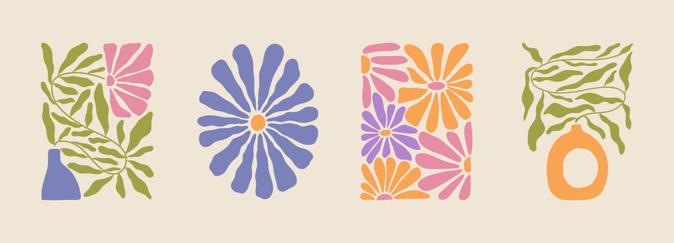 Trendy aesthetic posters with abstract groovy floral shape with flowers and leaves. Simple irregular wild plants. Naive funky prints for wall art, interior decorations. Boho summer illustrations vector