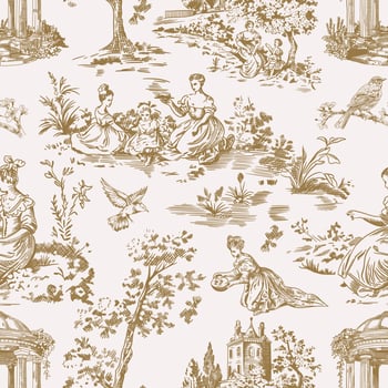 Abstract Victorian seamless pattern with hand drawn illustration with country life, couple villager in Toile de jouy style. Retro elegance blue Chinoiserie print. Vintage wallpaper for bedroom vector