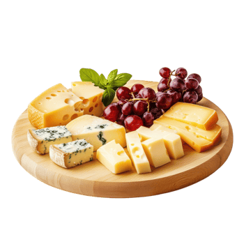 Cheese and grapes on a wooden plate png
