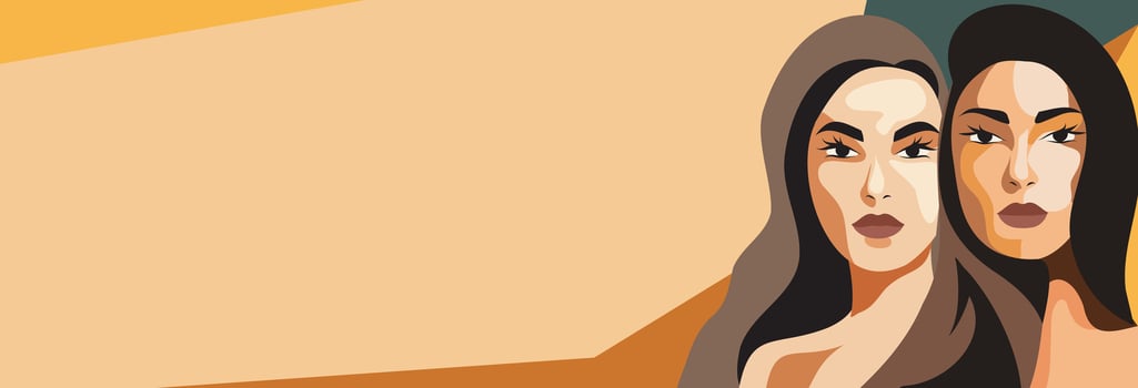 vertical fashion banner on a beige background. The concept of feminism, gender equality, protection of women's rights and freedoms. Different strong women stand together vector