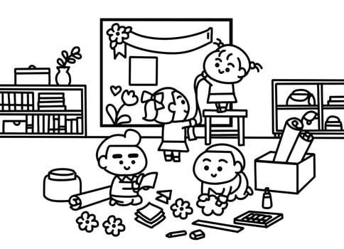Children do Learning Paper coloring pages style. vector