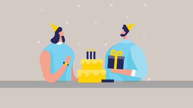 Birthday party with giving gifts to a girl and birthday cake in front vector