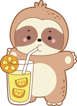 Sloth was drinking an orange juice or infuse water. Twitch emote cute sloth icon. Funny baby sloth animal series stock illustration. Slow life of fluffy sloth designs. vector