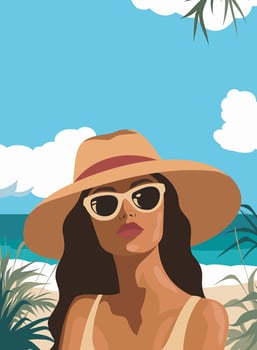 Woman on vacation on the beach. A girl in a hat and glasses. Banner with place for text, party, vacation and travel. Background on the theme of seasonal holidays, weekends vector