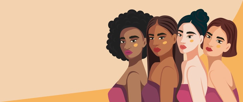 flat modern illustration of four women of different nationalities and cultures. International Women's Day banner concept. Movement for gender equality and women's empowerment vector
