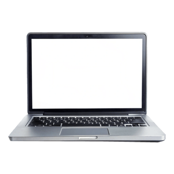 A laptop computer with a white screen on the front png