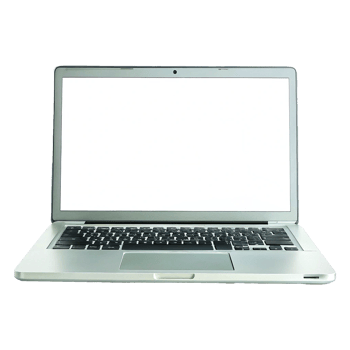 A silver laptop computer with a white screen png