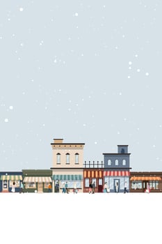 Cityscape winter season with snowfall have people holding a lot of shopping bags walking from retail store graphic illustration. vector