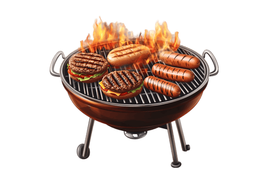 Grill with burgers, hot dogs, and sausage on a transparent background png