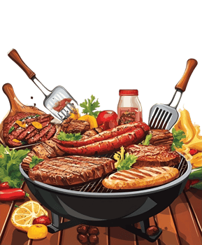 Barbecue grill with assorted meats and vegetables banner on a transparent background png