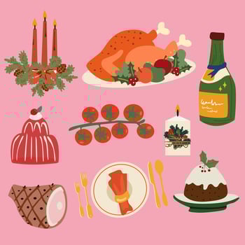 Roast turkey bird on a plate and other dishes for Thanksgiving or harvest festival. Festive table with turkey, candles, wine, salad, pumpkin pie, holiday jelly and baked pork. food icons vector