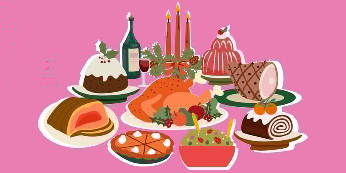 Roast turkey bird on a plate and other dishes for Thanksgiving or harvest festival. Festive table with turkey, candles, wine, salad, pumpkin pie, holiday jelly and baked pork. food icons vector