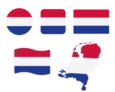 Netherlands flag symbols set. Blue, white and red colors. Round, square, waving rectangle and Holland map shape banner. Amsterdam symbol. vector
