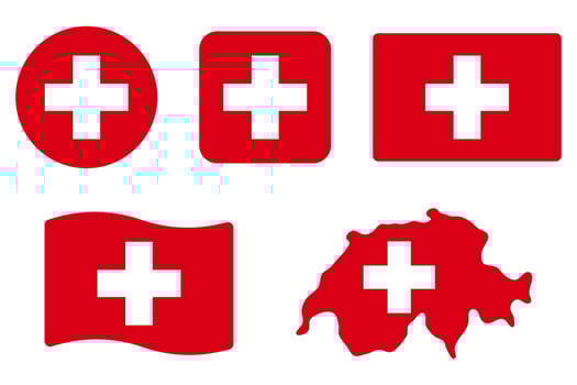 Denmark flag symbols set. White cross on red background . Round, square, waving rectangle and Danish map shape banner. Copenhagen symbol. Scandinavia icon. vector