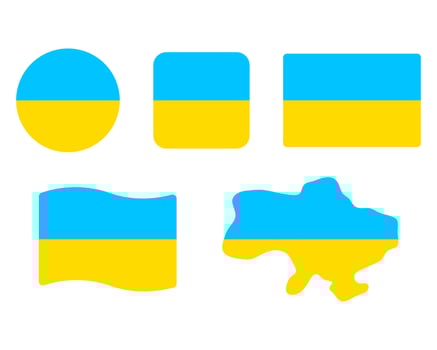 Ukraine flag symbols set. Blue anf yellow colors. Round, square, waving rectangle and german map shape banner. Independence and freedom symbol. vector