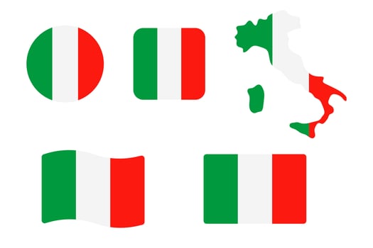 Italy flag symbols set. Green, red and white colors. Round, square, waving rectangle and Italian map shape banner. Rome symbol. vector