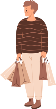 Holiday man with gift shopping packages png
