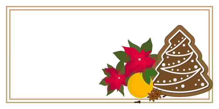 Christmas and New Year Greeting Horizontal Card or Invitation with Gingerbread and Orange. Vintage Elegant Decoration Illustration. Happy Merry Xmas Greeting Party Banner Design background vector