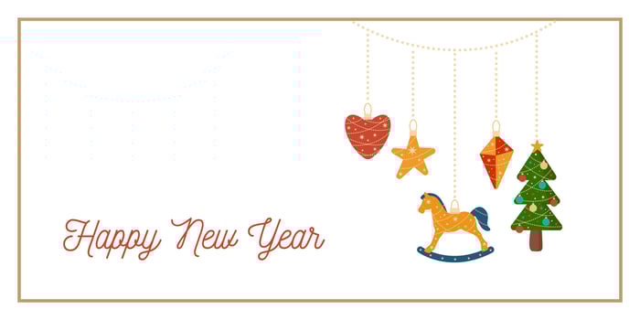 Happy New Year Greeting Horizontal Card or Invitation with Vintage Toys. Vintage Elegant Decoration Illustration. Happy Merry Xmas Greeting Party Banner Design background vector