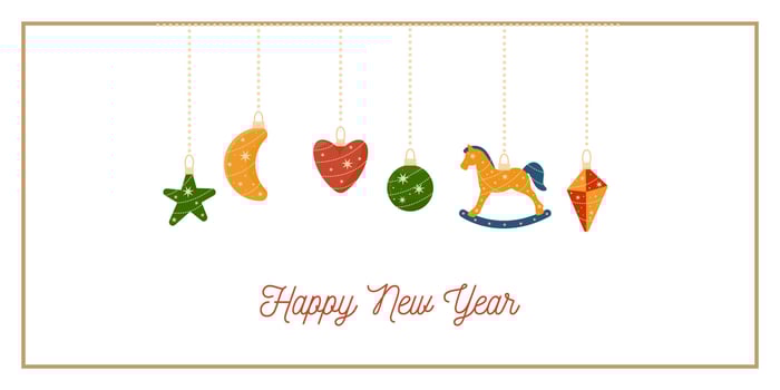 Happy New Year Greeting Card or Invitation Template with Tree Toys. Vintage Elegant Decoration Illustration. Happy Merry Xmas Greeting Party Banner Design background vector