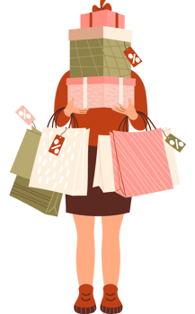 Shopping, sale. Girl stands with bunch packages and gift png