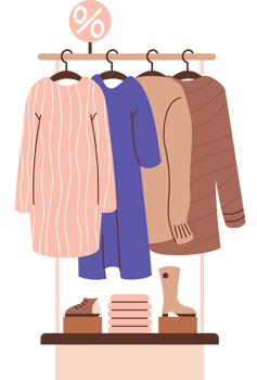 Rack with fashionable clothes and shoes on sale png