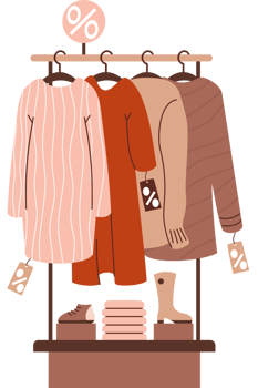 Rack with fashionable clothes and shoes on sale png
