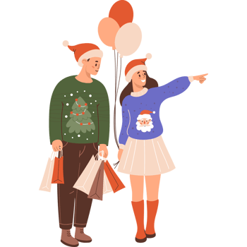 Happy Christmas couple man and woman with gift shopping packages and balloons png
