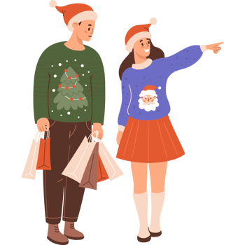 Happy Christmas couple man and woman in Santa hats with packages png