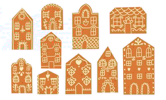 Gingerbread house. Big Set of hand drawn gingerbread houses. Christmas cookies. Brown and white colors isolate on white background. vector