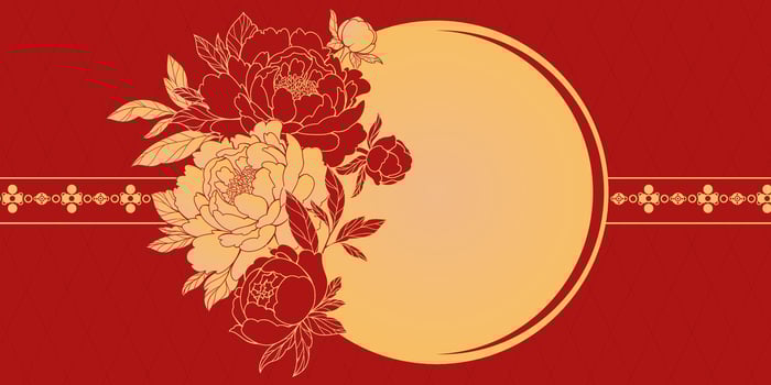 Blooming peonies with gold details and leafy branches. Floral banner with golden frame isolated on red background. Luxurious design, perfect for cards, wall decor, and elegant prints. vector