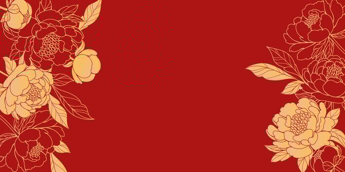 Luxurious Oriental design with yellow and red colors. Blooming golden peonies. Red background framed with branches and leaves. Ideal for wallpaper, posters, and decorative cards. vector