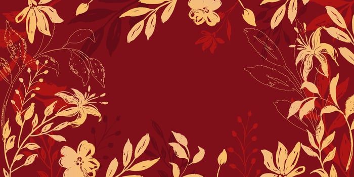 Oriental Japanese and Chinese style background with peonies and floral decorations. Branches and leaves in red and gold colors. Perfect for wallpaper, cards, and posters with luxurious botanical vector