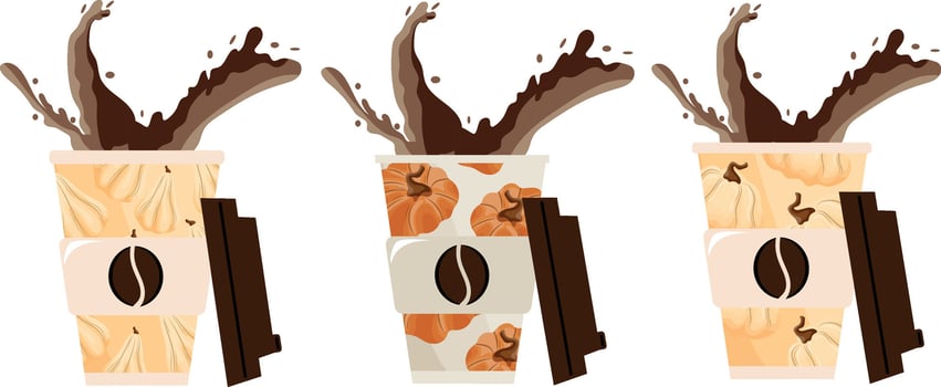 set of autumn takeaway coffee cup templates with orange and white pumpkins and coffee splashes, for different drink designs vector
