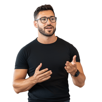 Man speaking confidently with expressive hand gestures png