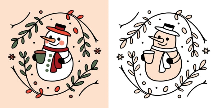 Cute snowman drinking coffee holding a mug Christmas illustration drawing Holiday season cottagecore aesthetic doodle outline printable sticker cut file vector