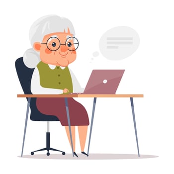 Cute elderly woman working on laptop, communicating online. Old people use computer technology. Cartoon illustration vector