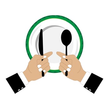 Illustration shows an empty plate and a hand holding a fork, spoon and knife. Person holding cutlery. Concept representing food shortage, hunger. Flat design vector