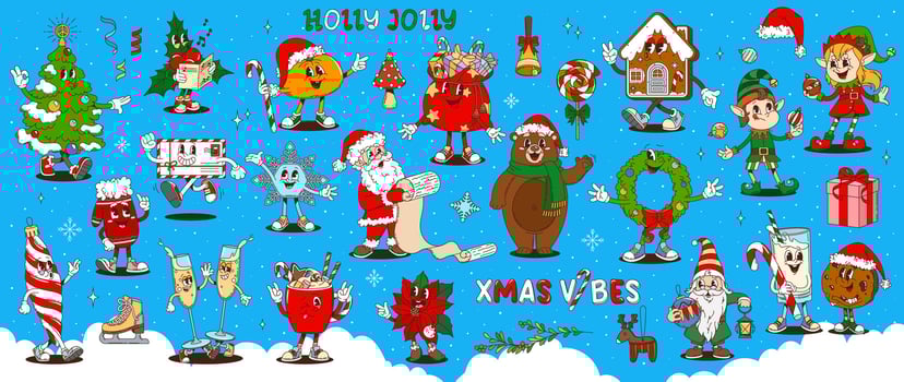 Retro cartoon groovy christmas characters set vector