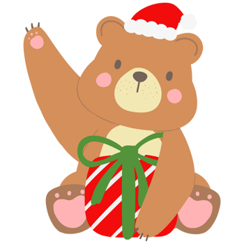 Cute Christmas bear in Christmas hat is hugging a gift and waving cartoon bear illustration for Christmas season and winter festive decorations png