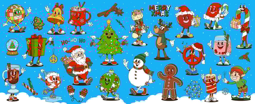 Retro cartoon groovy Christmas characters vector
