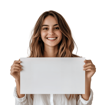 Woman with Empty White Sign in Hand Isolated on Transparent Background png